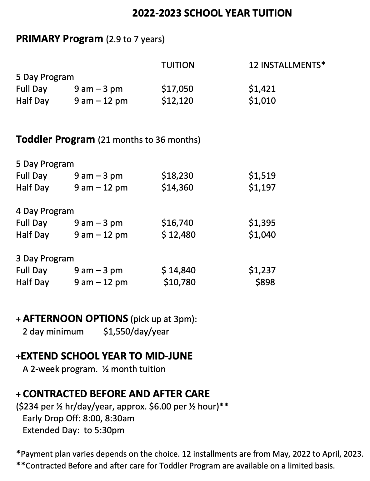 School tuition, nursery/toddler, preschool, kindergarten, Montessori ...